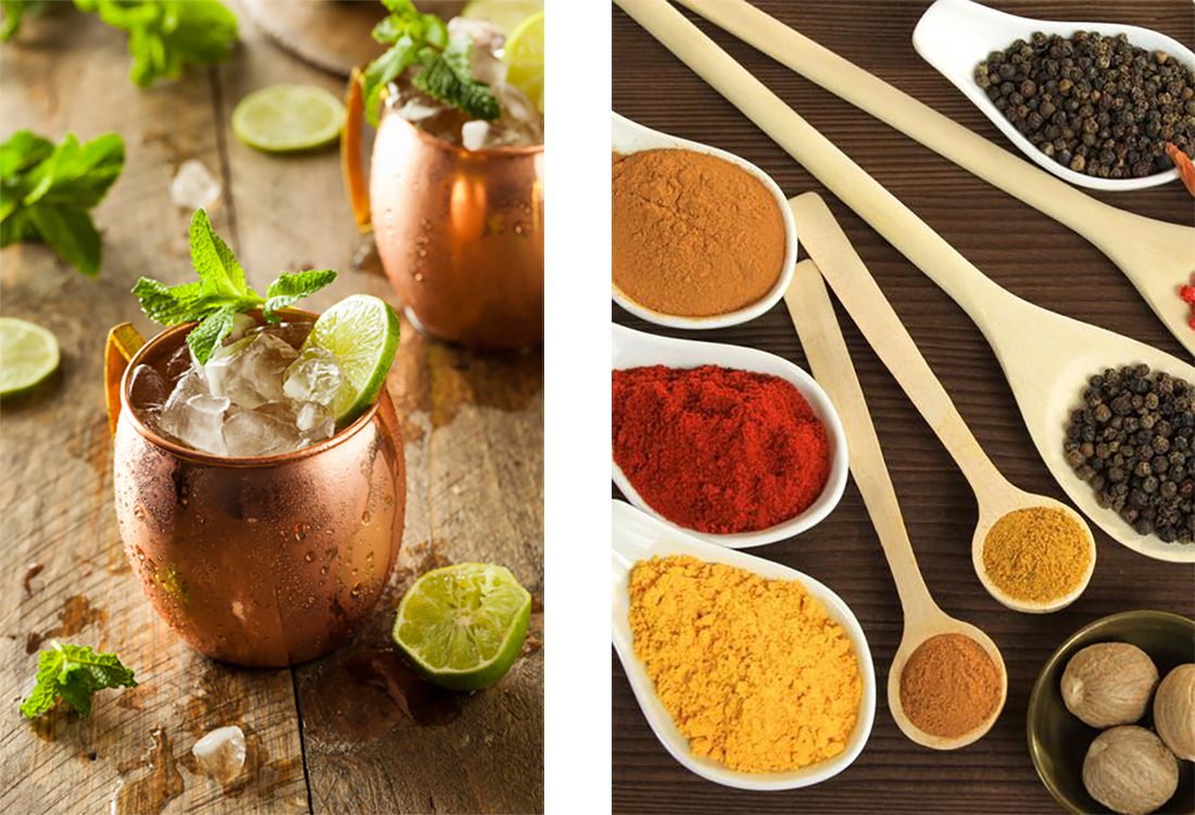 a collage of two pictures of Indian Spices and a drink
